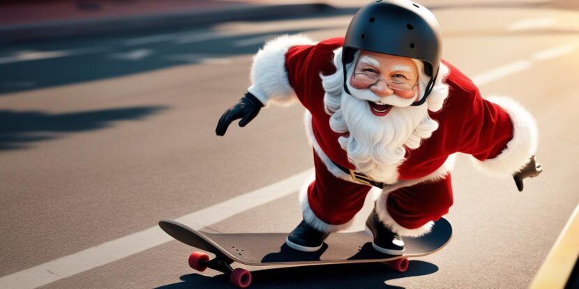 Bild genererad av AI föreställandes en tomte som har hjälm på sig och åker skateboard.